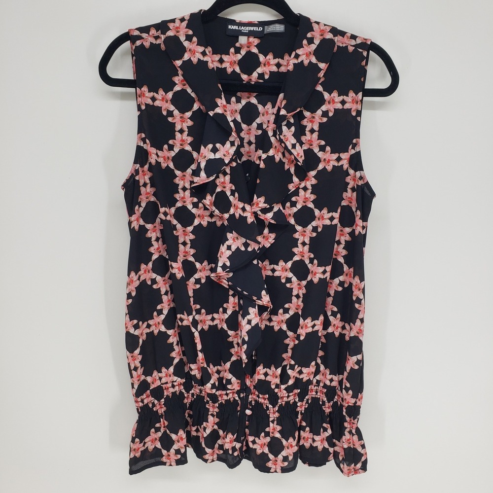 Karl Lagerfeld Floral Ruffle Blouse‎ Top Womens M Black Pink Smocked Sleeveless